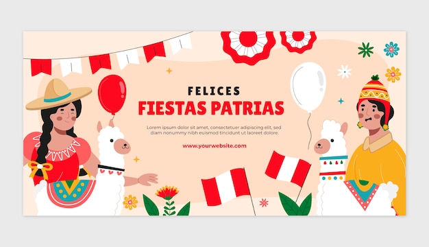 Шаблон горизонтального баннера flat fiestas patrias с людьми и ламами