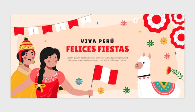 Flat fiestas patrias horizontal banner template with people and llama