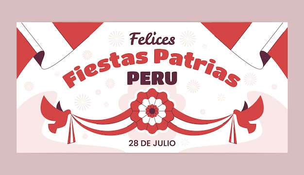 Бесплатное векторное изображение Шаблон горизонтального баннера flat fiestas patrias с розеткой и голубями