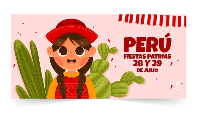 flat fiestas patrias horizontal banner template with woman and cactus