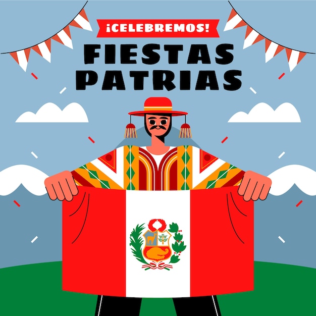 Flat fiestas patrias illustration with man holding flag