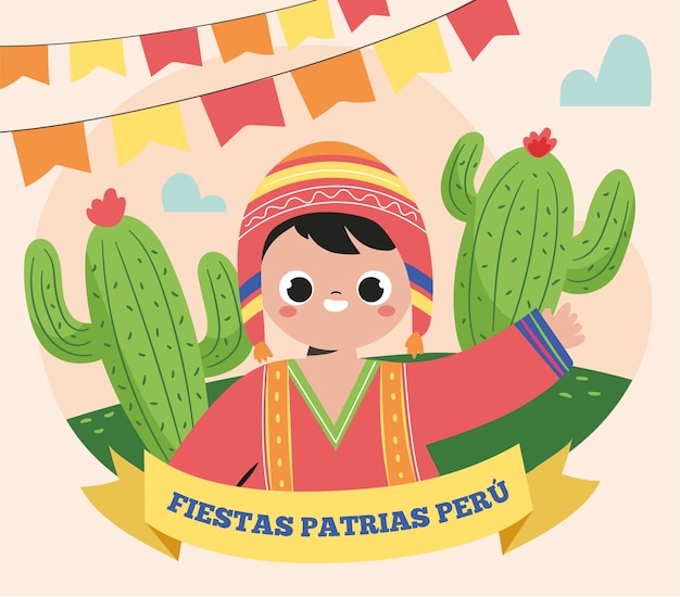 Flat fiestas patrias illustration with person and cactus