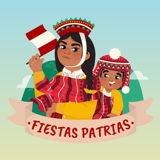 旗を保持している女性と子供とフラットフィエスタのpatriasイラスト
