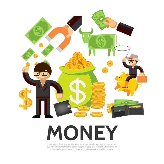 Плоская финансовая концепция с бизнесменом денежный кошелек деньги корова сумка золотых монет рука магнит