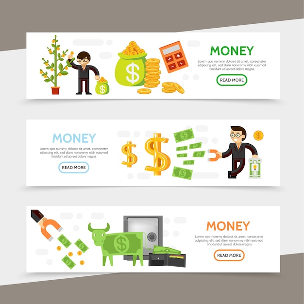 Flat finance horizontal banners with business people money tree calculator bag of coins cash financial magnet