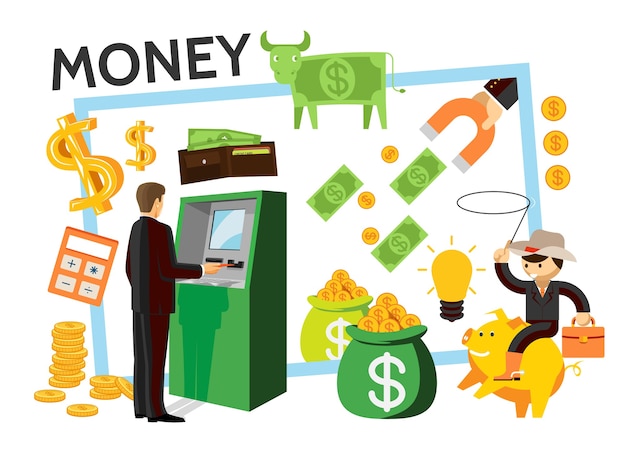 Бесплатное векторное изображение Плоские финансовые иконки набор с бизнесменом возле банкомата доллар корова деньги мешок монет калькулятор магнит кошелек