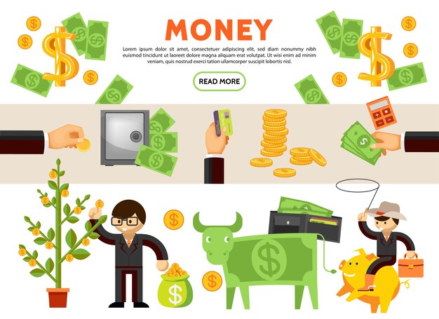 Flat financial icons collection with money tree cow cash coins safe wallet businessman cowboy sitting on piggy bank