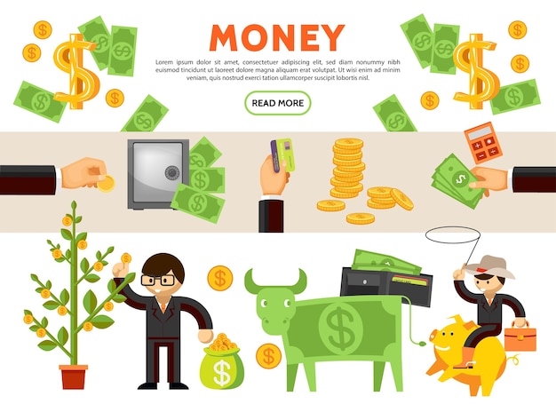 Flat financial icons collection with money tree cow cash coins safe wallet businessman cowboy sitting on piggy bank