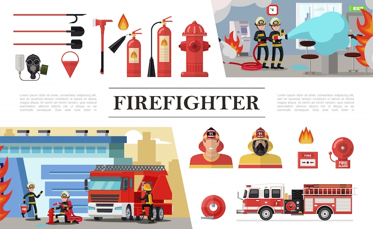 Free Vector flat firefighting elements composition with rescue brigades shovels gas mask fire hose hydrant extinguishers bucket firemen truck alarm bell