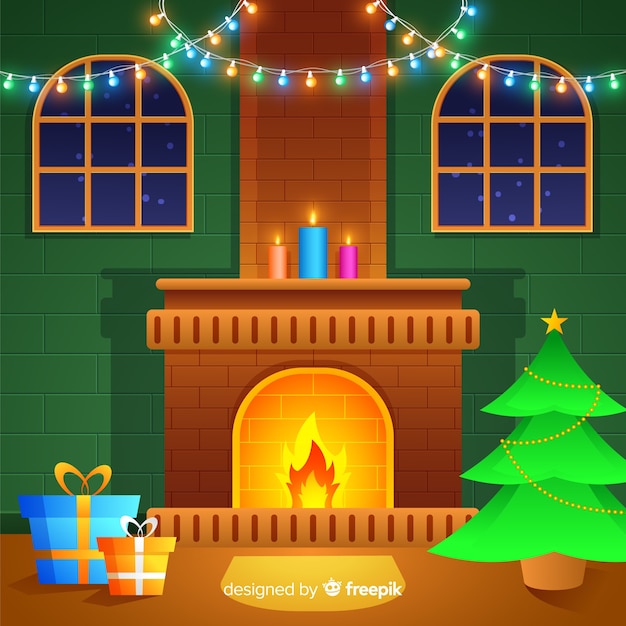 Flat fireplace christmas background