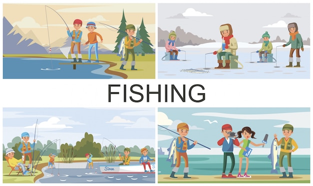 Free vector flat fishing hobby composition with summer and winter fishing and reporter interview fisher who caught big fish