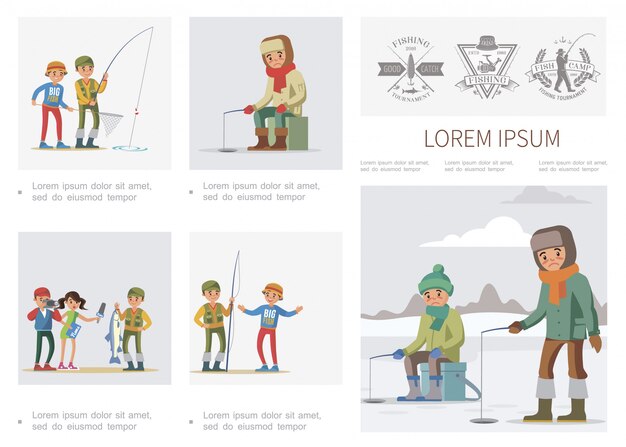 Flat fishing infographic template with summer and winter fishing fishers journalist interview fisherman who caught big fish