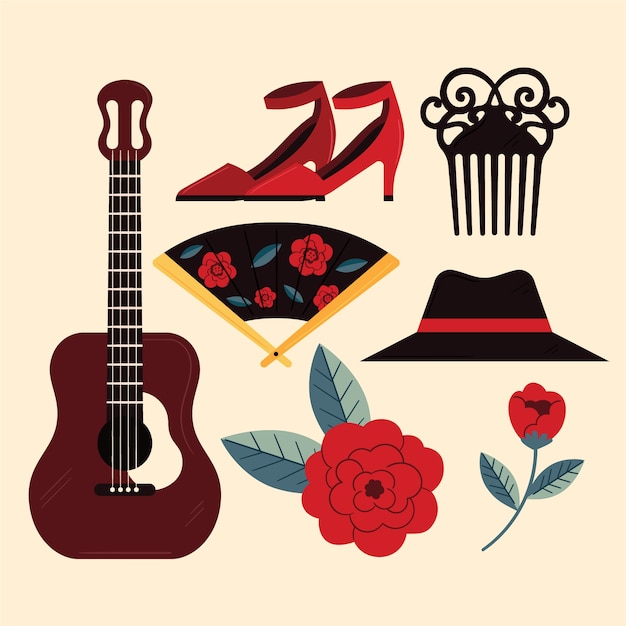 Free vector flat flamenco dance elements collection