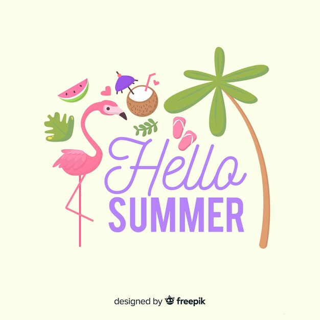 Flat flamingo  hello summer background