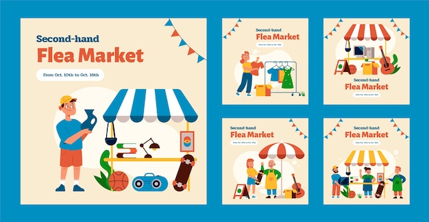 Free vector flat flea market shopping instagram posts collection