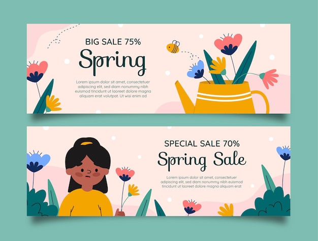 Flat floral horizontal sale banner template for spring