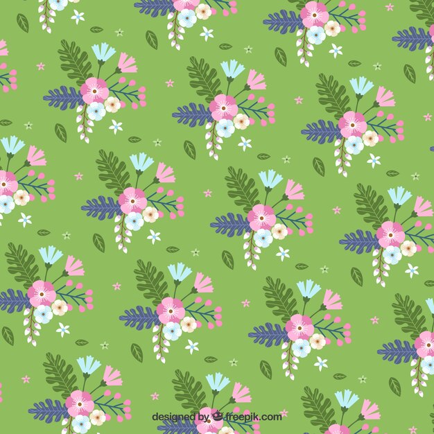 Flat floral pattern with green background