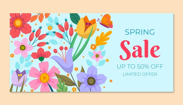 Flat floral spring horizontal sale banner template