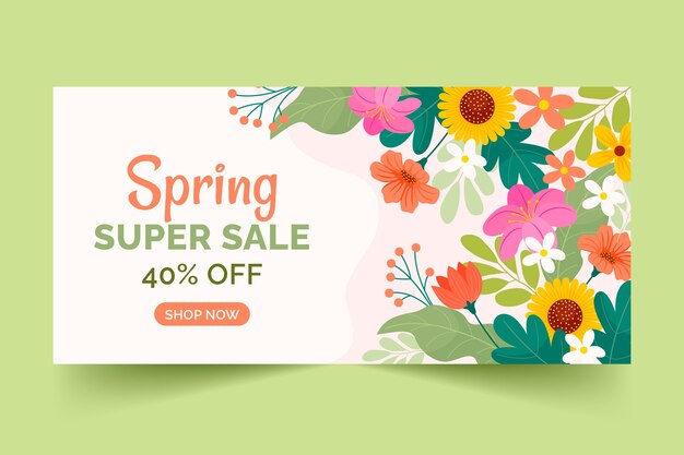 Плоский цветочный весенний горизонтальный шаблон баннера продажи