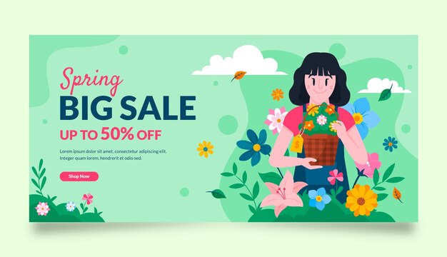 Flat floral spring horizontal sale banner template