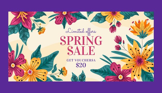 Flat floral spring horizontal sale banner template