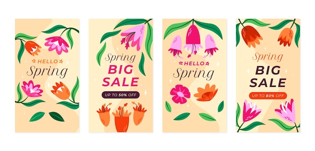 Free vector flat floral spring instagram stories collection