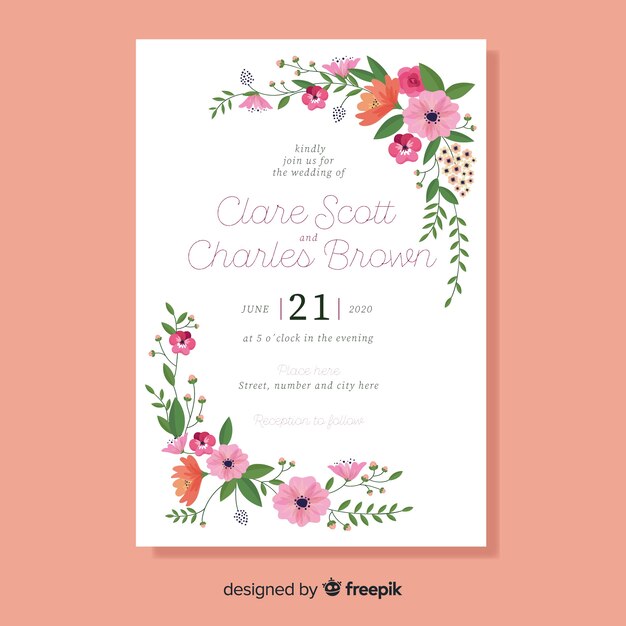 플랫 꽃 웨딩 카드 템플릿