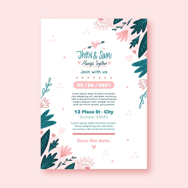 Flat floral wedding invitation template