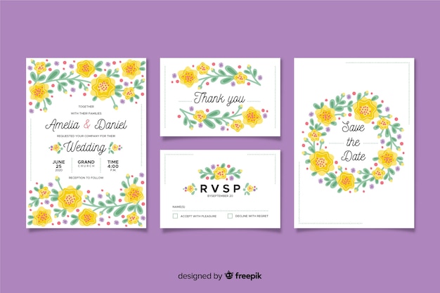 Free vector flat floral wedding stationery template