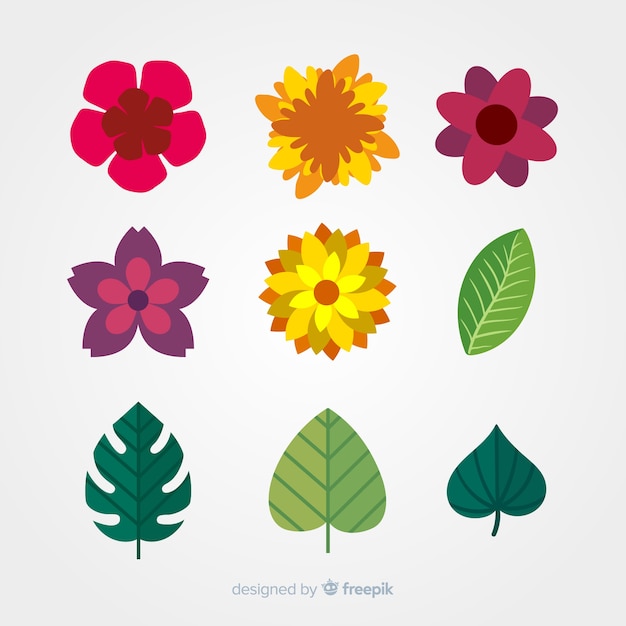 Free vector flat flower and leaf collection