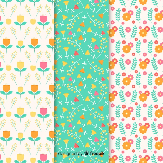 Flat flowers and leaves spring pattern