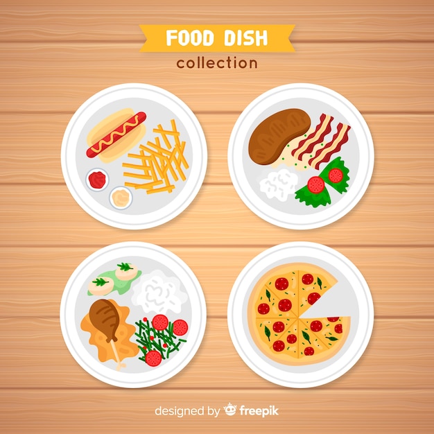 Бесплатное векторное изображение Коллекция плоских пищевых блюд