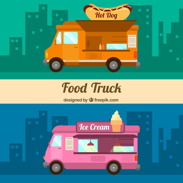 Flat food trucks with hot dogs and ice creams