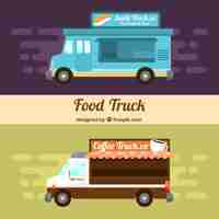 Free vector flat food trucks with sushi and coffee