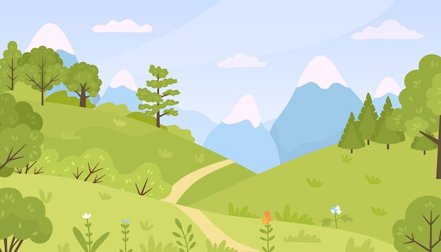 Flat forest with meadow, trees, bushes and mountains landscape. cartoon spring green hills nature with flowers and plants vector background. spring or summer time greenery with blue sky