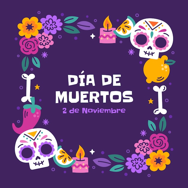 dia de muertos 축하를 위한 플랫 프레임 템플릿