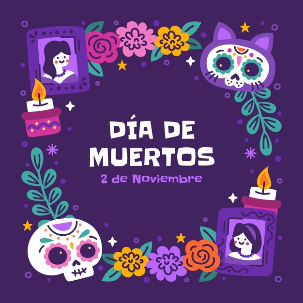 dia de muertos 축하를 위한 플랫 프레임 템플릿