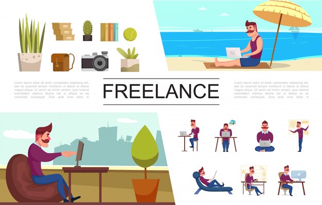 Flat freelance elements set with freelancer working at office and on tropical beach plants camera bag books 