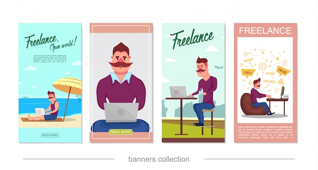 Flat freelance vertical banners with moustached freelancer working on tropical beach at home and coworking center isolated