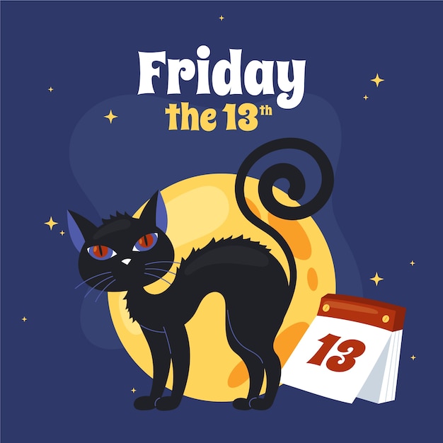 Flat friday the 13th illustration with black cat