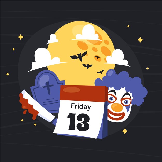 Free vector flat friday the 13th illustration with clown and grave