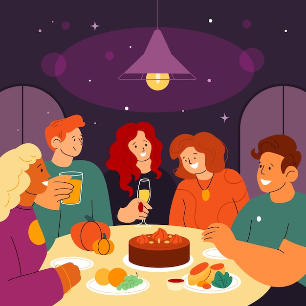 Плоская иллюстрация дарения друзей, когда друзья вместе ужинают за столом
