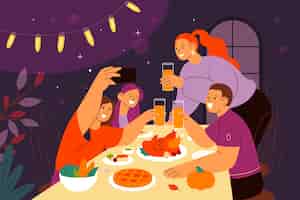 Vettore gratuito illustrazione piatta di amicizia con gli amici che cenano insieme al tavolo