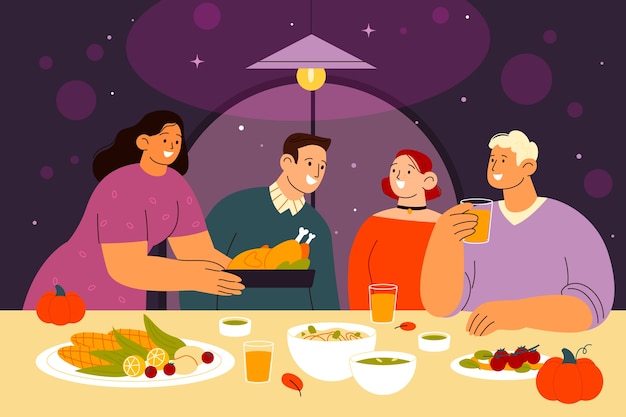 Flat friendsgiving illustration with friends having dinner at the table together