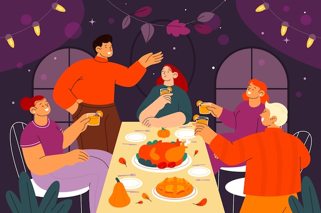 Free vector flat friendsgiving illustration with friends having dinner at the table together