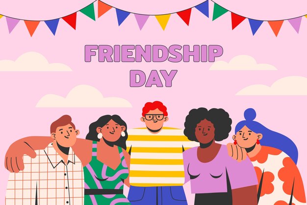 Flat friendship day background with embraced friends