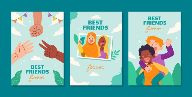 Flat friendship day greeting cards collection