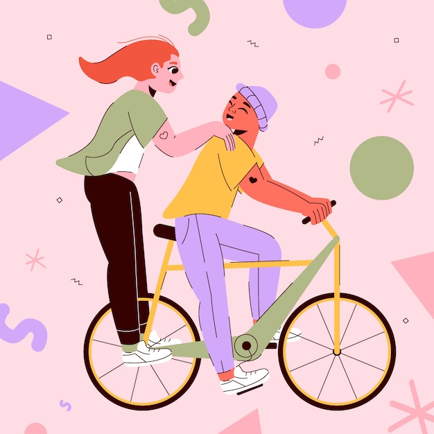 자전거에 친구와 함께 플랫 우정의 날 그림