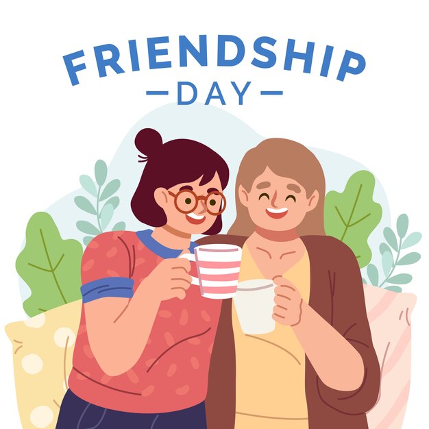 Flat friendship day illustration with friends drinking coffee