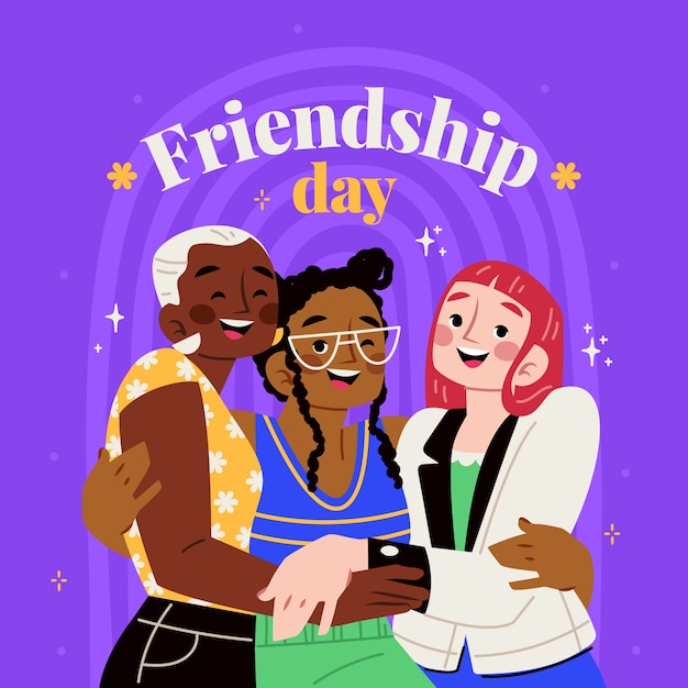 Flat friendship day illustration with friends holding each other